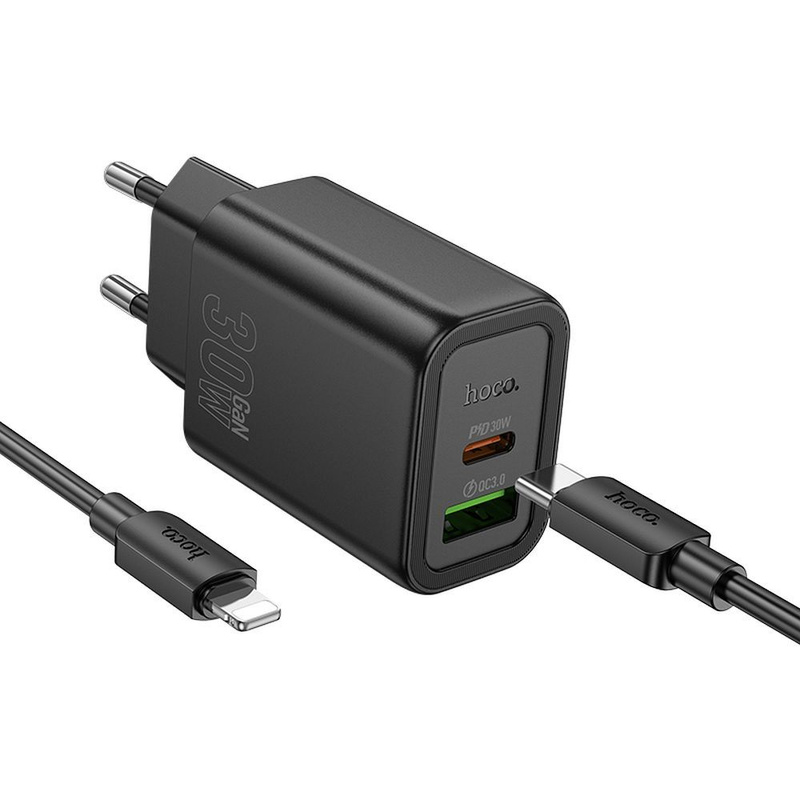 HOCO ładowarka sieciowa USB A + Typ C + kabel Typ C do Lightning PD QC3.0 3A 30W N63 czarna