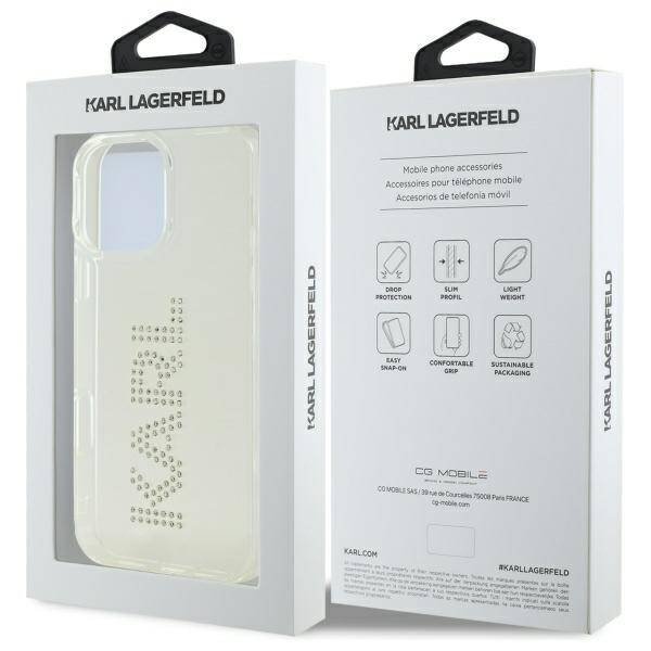 Original Handyhülle IPHONE 16 PRO MAX Karl Lagerfeld Hardcase IML Rhinestones Logo (KLHCP16XHKLSTDCT) transparent