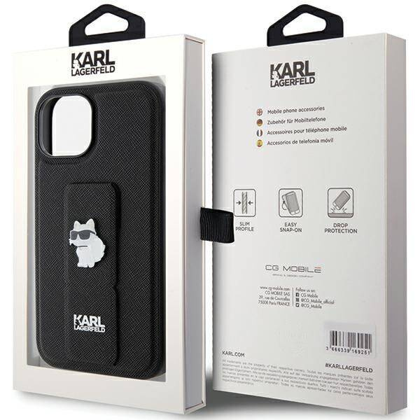 Karl Lagerfeld Gripstand Saffiano Choupette Pins Hülle für iPhone 15 Plus / 14 Plus – Schwarz