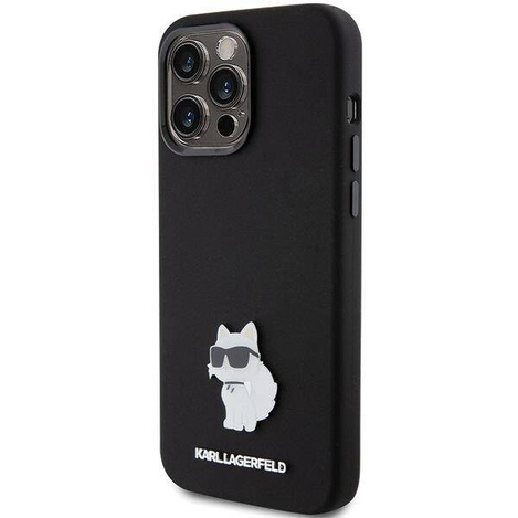 Karl Lagerfeld Choupette Metal Pin-Hülle aus Silikon für iPhone 15 Pro – Schwarz