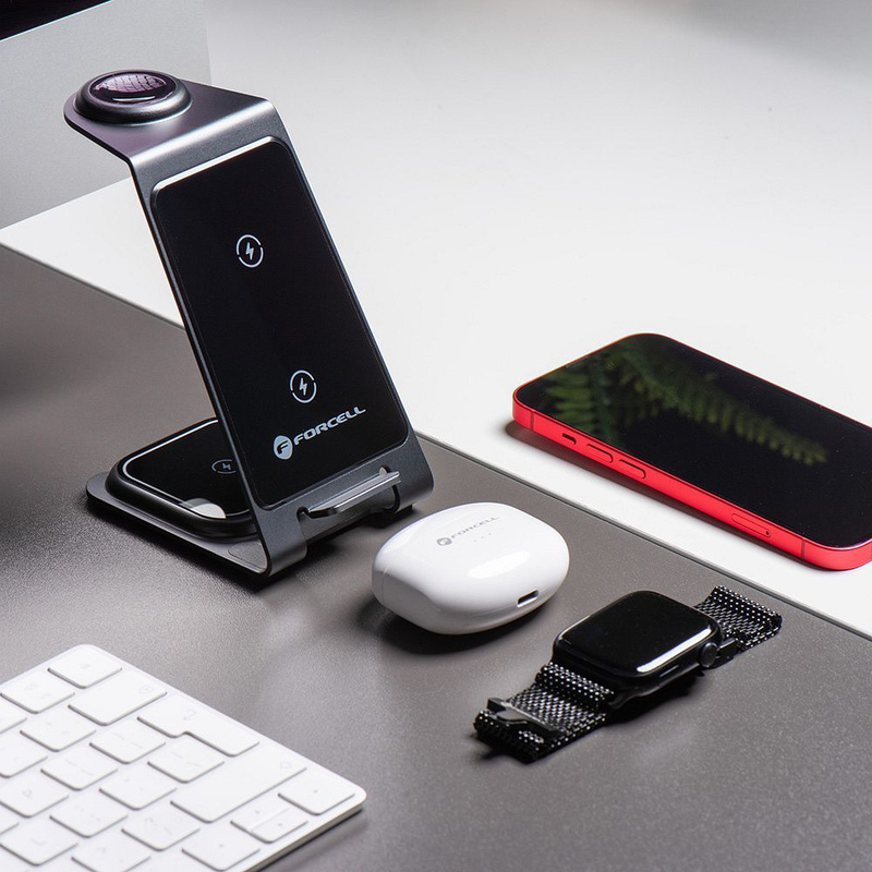 Ładowarka indukcyjna Forcell F-Energy 3w1 Simply Charge kompatybilna z Apple Watch i Samsung Watch szara