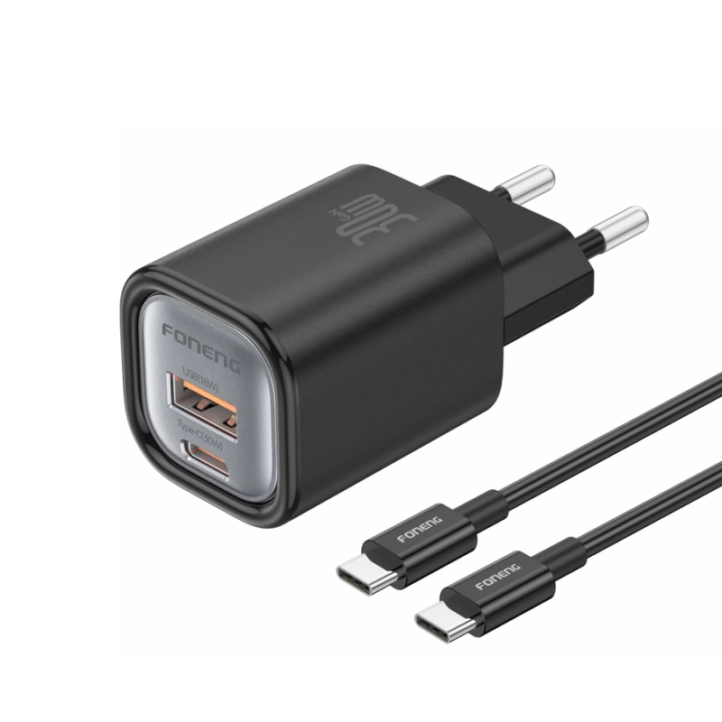 FONENG Netz-Ladegerät EU71 PD 30W 1xUSB-C + 1xUSB QC3.0 + kabel USB-C - USB-C schwarz