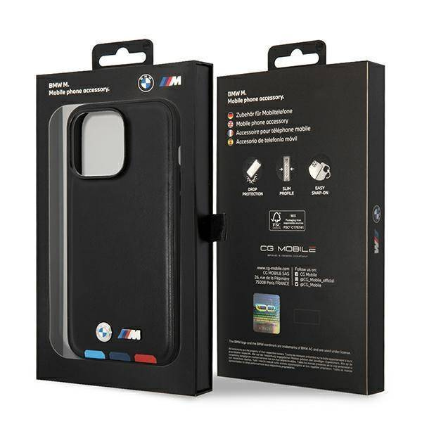 Original Handyhülle IPHONE 14 PRO MAX BMW Leather Stamp Tricolor MagSafe (BMHMP14X22PTDK) schwarz