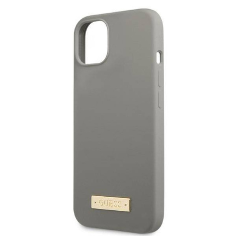 Original Handyhülle IPHONE 13 MINI Guess Hard Case Silicone Logo Plate MagSafe (GUHMP13SSPLG) grau