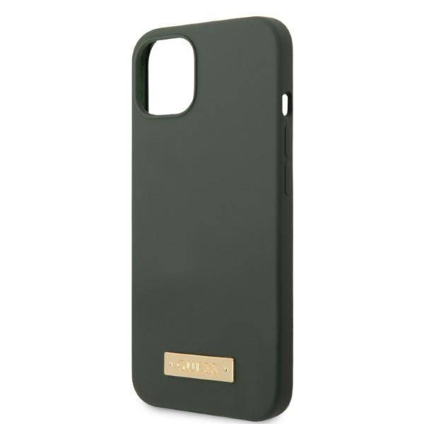 Original Handyhülle IPHONE 13 Guess Hard Case Silicone Logo Plate MagSafe (GUHMP13MSBPLA) grün