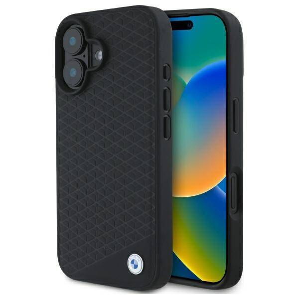 Original Handyhülle IPHONE 16 BMW Hardcase Signature Leather Diamond Metal Logo MagSafe (BMHMP16S23RDDK) schwarz