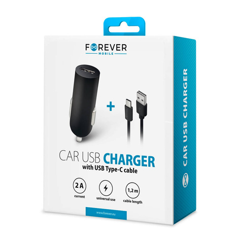Forever ładowarka samochodowa M02 1x USB 2A czarna + kabel USB-C