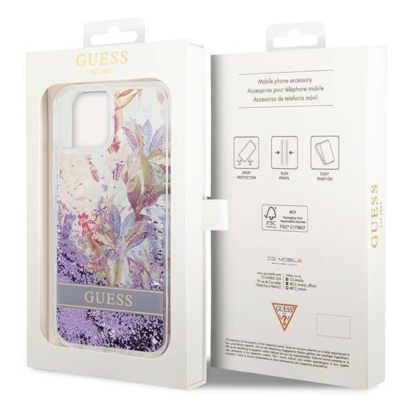 Case IPHONE 14 PLUS Guess Hardcase Flower Liquid Glitter purple