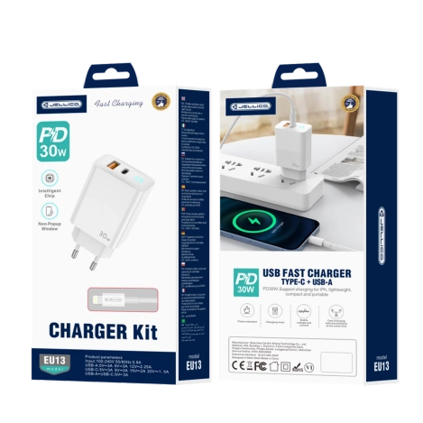 JELLICO wall charger EU13 GaN PD 30W 1xUSB-C + 1xUSB QC3.0 + cable USB-C - Lightning White