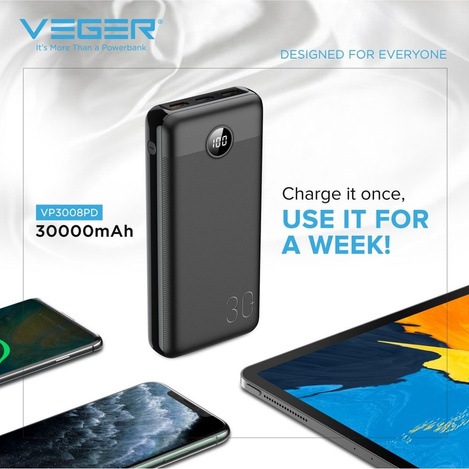 Bateria zewnętrzna (Powerbank) VEGER L30 - 30 000mAh LCD Quick Charge PD 20W czarny (W3008PD )