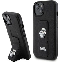 Karl Lagerfeld Gripstand Saffiano Karl&Choupette Pins Hülle für iPhone 15 Plus / 14 Plus – Schwarz