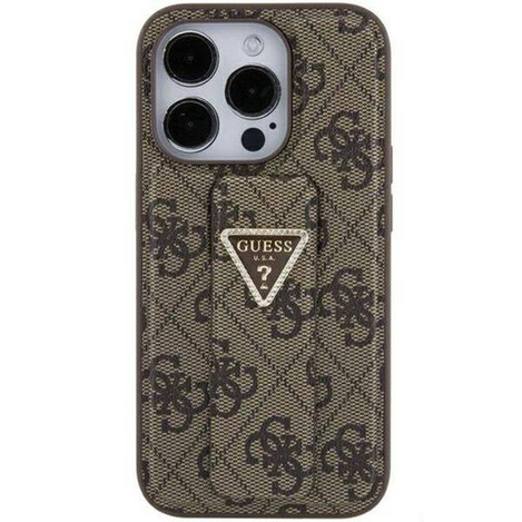 Guess Grip Stand 4G Triangle Strass Hülle für iPhone 15 – braun