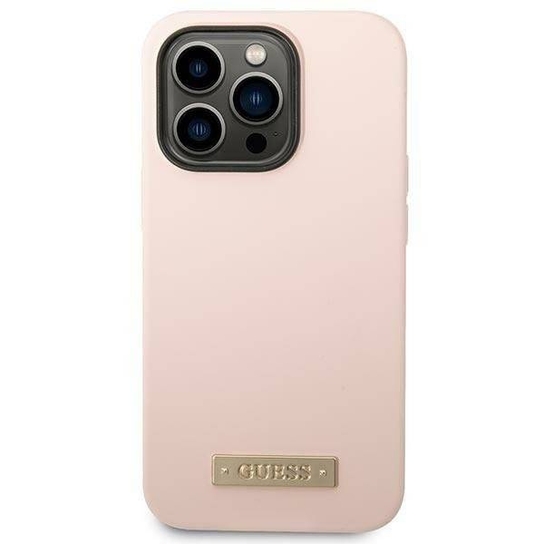 Original Handyhülle IPHONE 14 PRO MAX Guess Hard Case Silicone Logo Plate MagSafe rosa