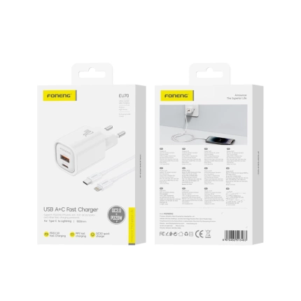 FONENG Netz-Ladegerät EU70 PD 20W 1xUSB-C + 1xUSB QC3.0 + Kabel USB-C - Lightning weiss