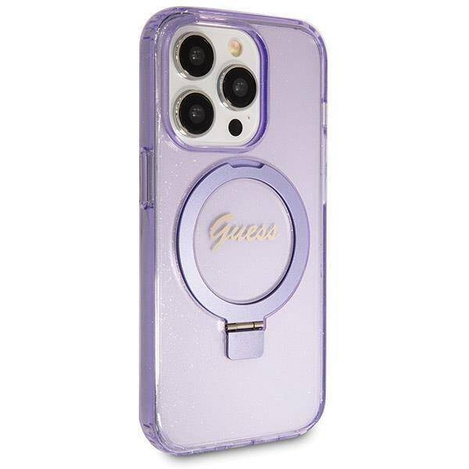 Original Case IPHONE 14 PRO Guess Hardcase Ring Stand Script Glitter MagSafe (GUHMP14LHRSGSU) purple