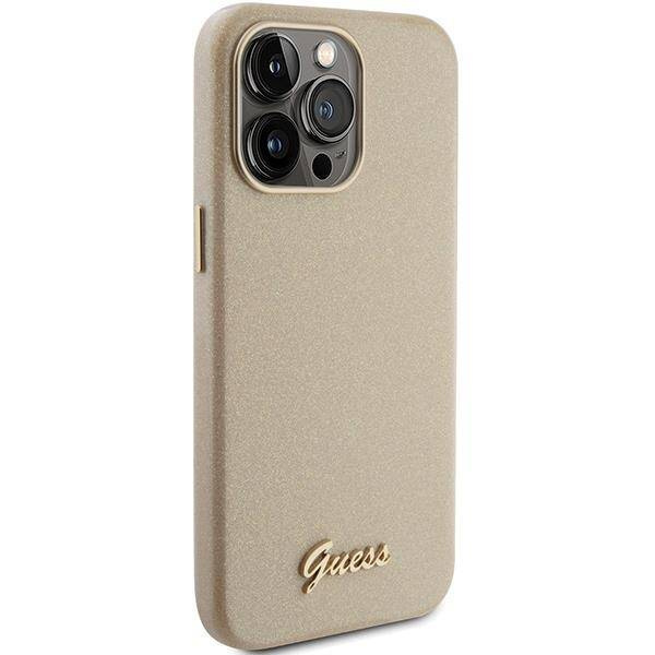 Guess Glitter Glossy Script Hülle für iPhone 15 Pro – Gold