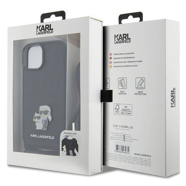 Karl Lagerfeld Crossbody Saffiano Metal Pin Karl &amp; Choupette Hülle für iPhone 15 – Schwarz