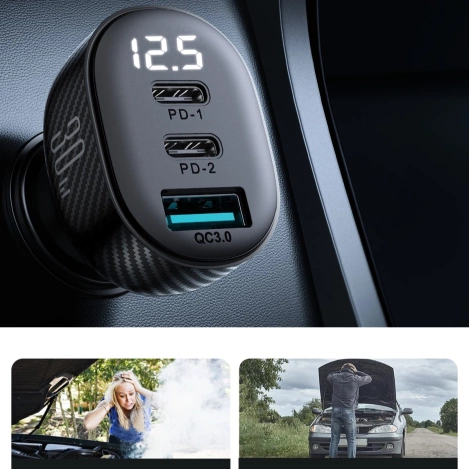 Joyroom JR-CCD04 30W 2x USB-C USB-A Autoladegerät mit Display - Schwarz