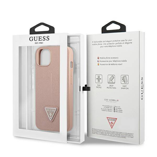 Oryginalne Etui IPHONE 14 PLUS Guess Hardcase Saffianotriangle Logo (GUHCP14MPSATLP) różowe