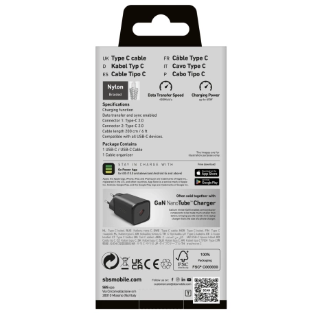 SBS TECABLETISSUETCC2G Cable 2 x USB-C 2m 60W with Power Delivery - Gray