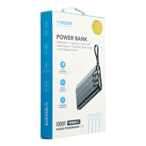 Bateria zewnętrzna (Powerbank) VEGER C10 - 10 000mAh (Micro + Typ C + Lightning 8-pin) czarny (W1116)