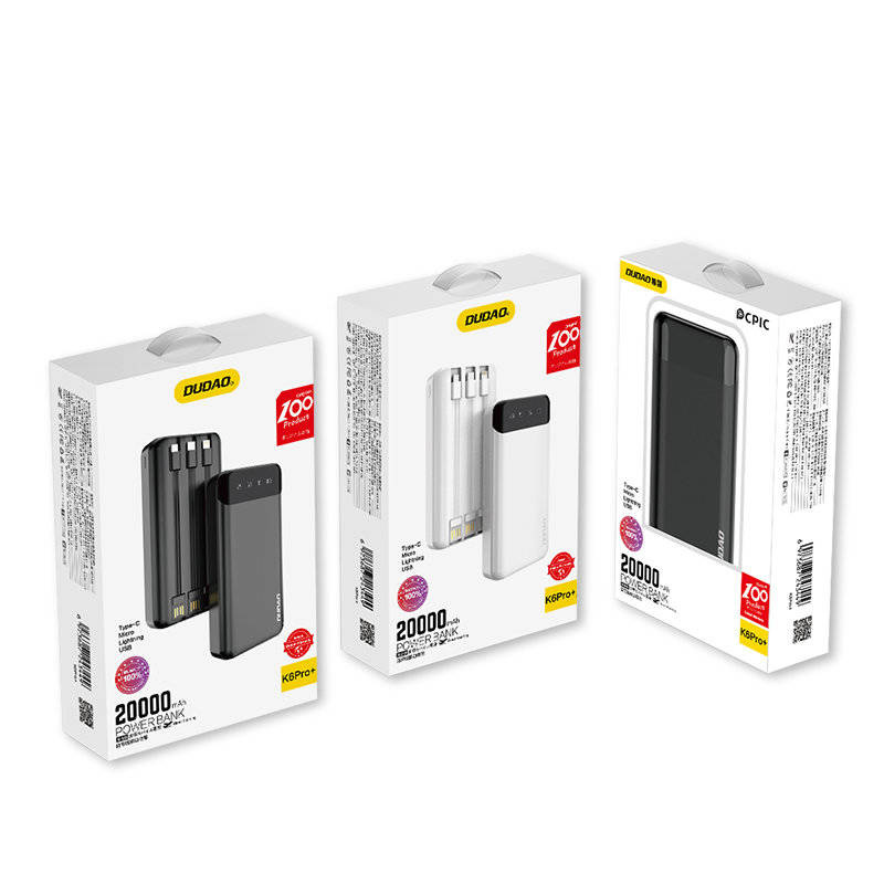 Dudao capacious power bank with 3 cables and power display 20000mAh USB Type C + micro USB + Lightning black (Dudao K6Pro+)