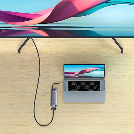 Baseus Metal Gleam Series HUB 7-in-1-USB-Typ-C-Dockingstation – 1 x HDMI / 1 x VGA / 3 x USB 3.2 Gen. 1/1 x Power Delivery / 1 x RJ-45 Ethernet Grau (WKWG040013)