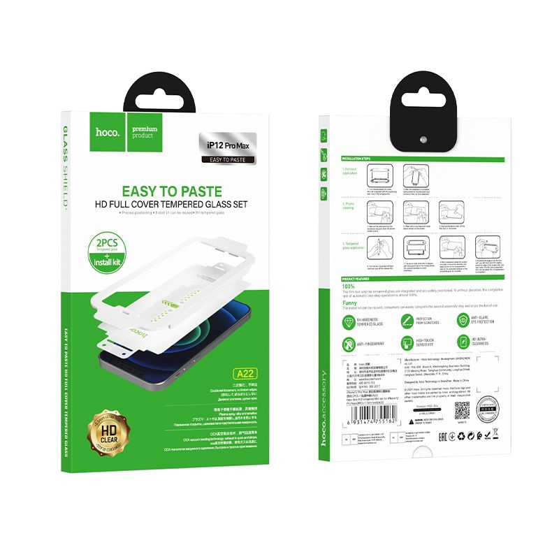 HOCO szkło hartowane kwarcowe Easy Stick HD FULL GLUE do Iphone 12 Pro Max ( 2 sztuki ) A22
