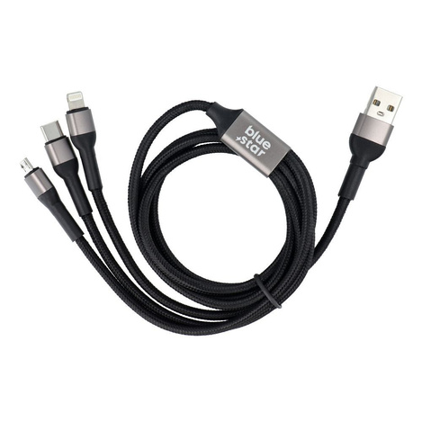 Kabel Blue Star z oplotem 3w1 ze złączami micro USB, USB C i Lightning 3A