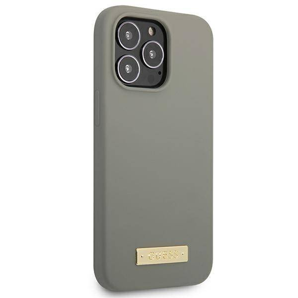 Original Handyhülle IPHONE 13 PRO Guess Hard Case Silicone Logo Plate MagSafe (GUHMP13LSPLG) grau
