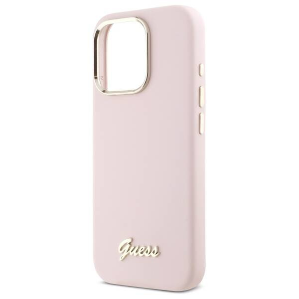 Original Case IPHONE 16 PRO Guess Hardcase Silicone Script Metal Logo & Frame (GUHCP16LSMBSLP) pink