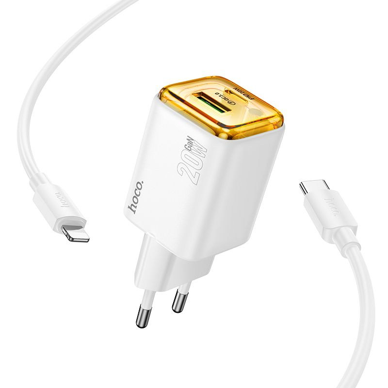 Ładowarka sieciowa do telefonu Hoco USB A + USB C QC3.0 PD 3A 20W + kabel USB C do Lightning N52 biała