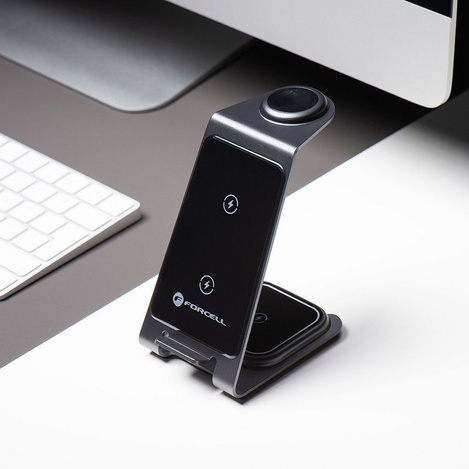 Ładowarka indukcyjna Forcell F-Energy 3w1 Simply Charge kompatybilna z Apple Watch i Samsung Watch szara