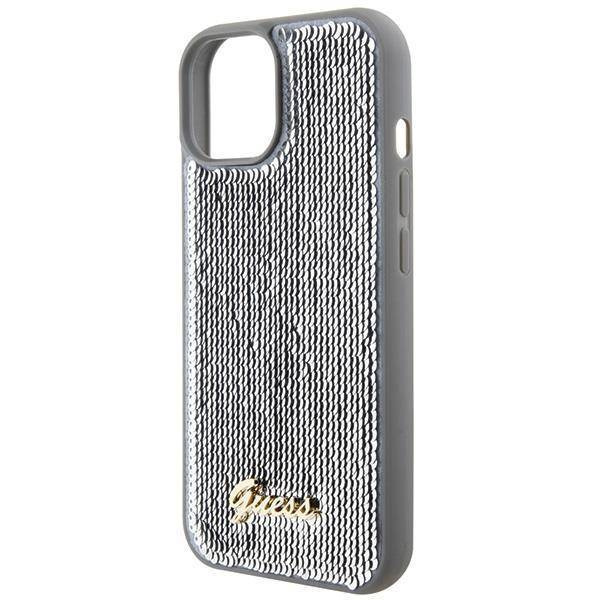 Guess Pailletten-Schriftzug-Metallgehäuse für iPhone 15 – Silber