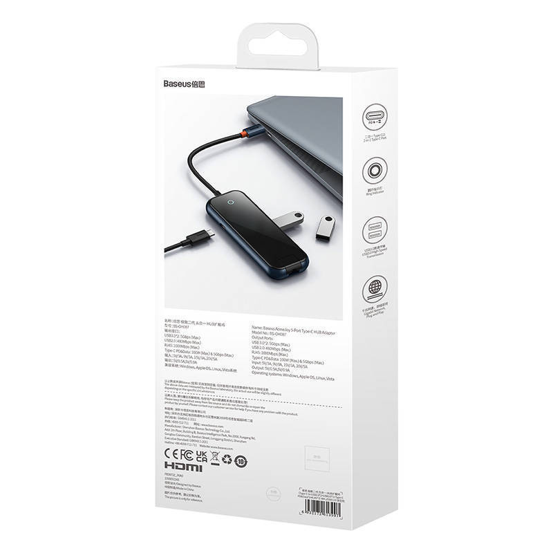 Hub 5in1 Baseus AcmeJoy series USB-C to 2xUSB 3.0 + USB 2.0 + USB-C PD + RJ45 (dark grey)