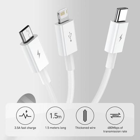 Baseus Superior 3w1 kabel USB - Lightning / USB Typ C / micro USB 3,5 A 1,5 m niebieski (CAMLTYS-03)