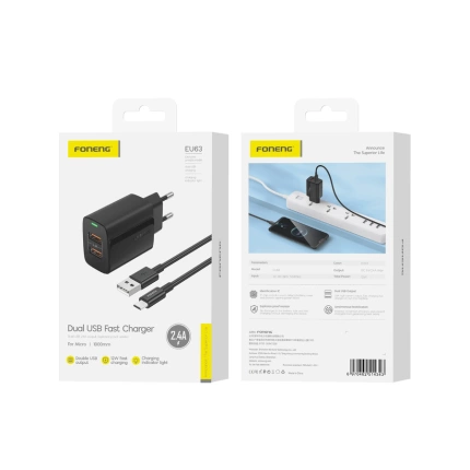 FONENG ładowarka sieciowa EU63 2.4A 12W 2xUSB + kabel Micro Czarny