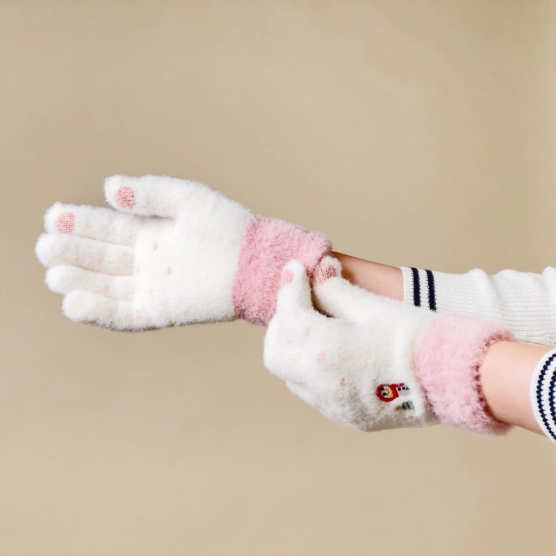 Winter-Telefonhandschuhe für Damen mit einem Schneemann und einem Weihnachtsbaum – weiß und rosa