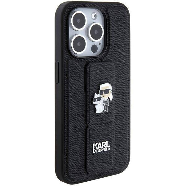 Karl Lagerfeld Gripstand Saffiano Karl&Choupette Pins Hülle für iPhone 15 Pro Max – Schwarz