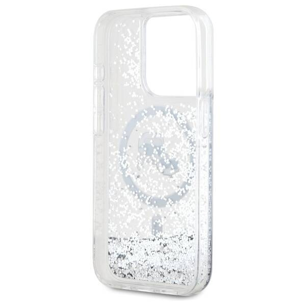Original Handyhülle IPHONE 15 PRO MAX Karl Lagerfeld Hardcase Liquid Glitter Karl&Choupette Head MagSafe (KLHMP15XLGKCSGH) transparent