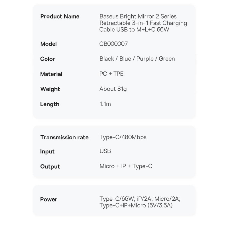 Baseus Bright Mirror 2 retractable cable 3in1 USB Type A - micro USB + Lightning + USB Type C 66W 1.1m black (CAMJ010101)