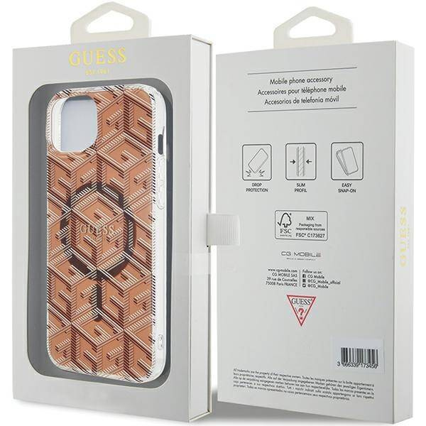 Oryginalne Etui GUESS Hardcase GUHMP15SHGCUSTGW do iPhone 15 (Kompatybilny z Magsafe / IML GCUBE / brązowy)
