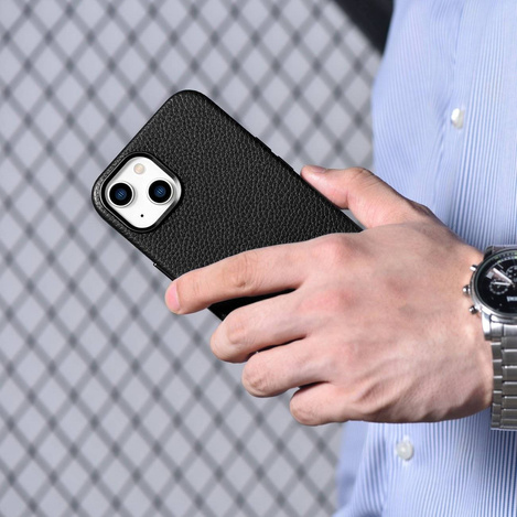 iCarer Litchi Premium Leather Case skórzane etui iPhone 14 Plus magnetyczne z MagSafe czarny (WMI14220711-BK)