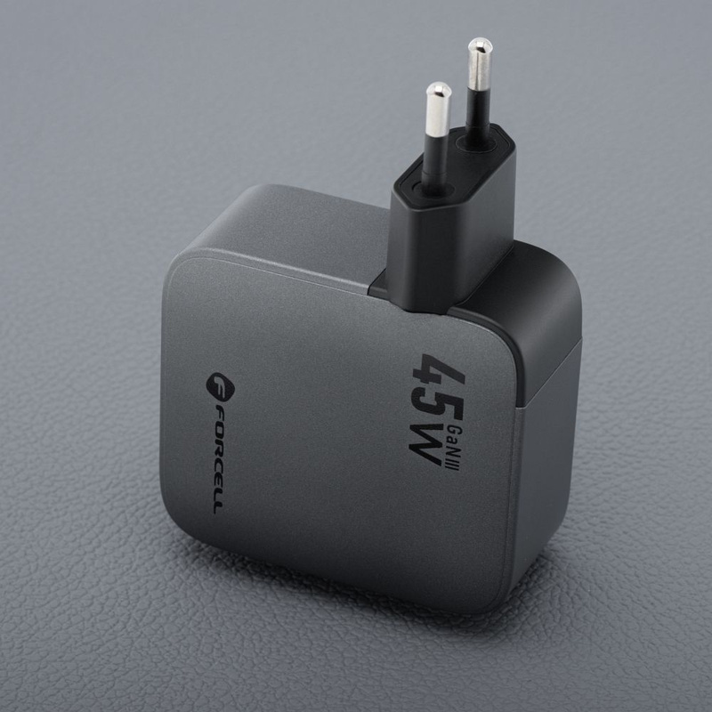 Ładowarka sieciowa do telefonu Forcell F-Energy GaN USB C + zwijany kabel USB C PD QC4.0 3A 45W VT-R5 szara