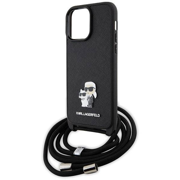 Original Case IPHONE 14 PRO MAX Karl Lagerfeld Hardcase Crossbody Saffiano Metal Pin Karl & Choupette (KLHCP14XSAKCPSK) black