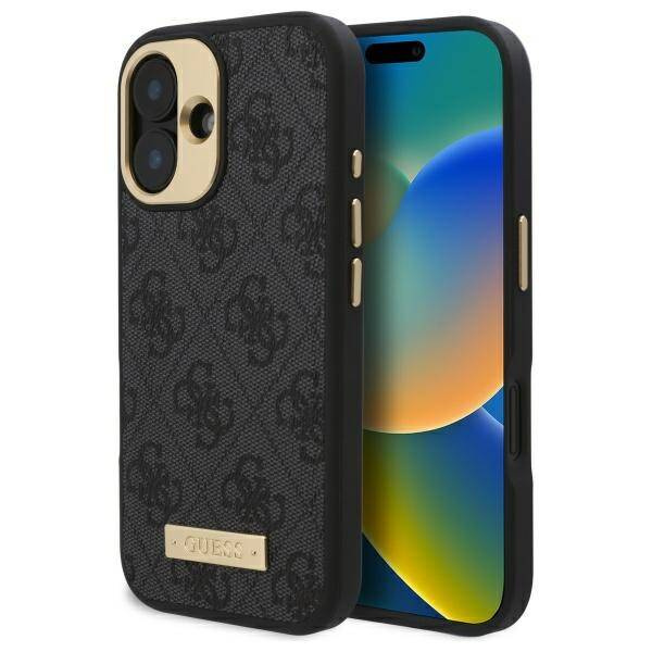 Original Handyhülle IPHONE 16 Guess Hardcase 4G Logo Plate MagSafe (GUHMP16SU4GPRK) schwarz