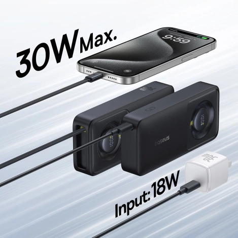 Baseus Free2Pull 10000 mAh 30 W Powerbank mit USB-C-Anschluss und einziehbarem USB-C-Kabel – Schwarz