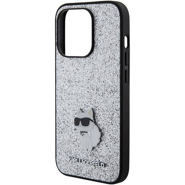 Karl Lagerfeld Fixed Glitter Choupette Logo Metal Pin Case for iPhone 15 Pro Max - Silver