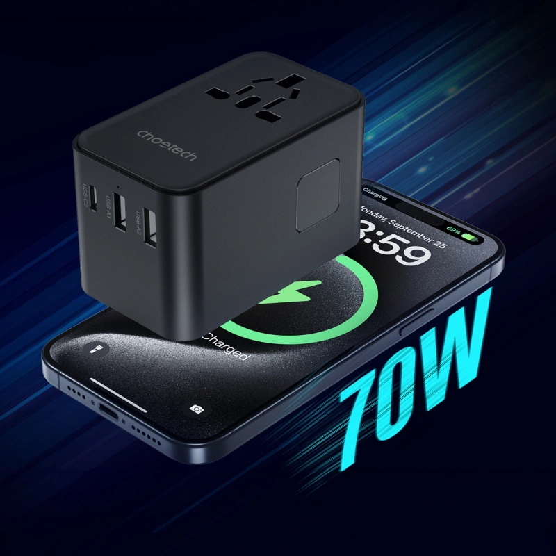 Choetech PD5022 70W EU/US/AUS/UK Reiseadapter mit integriertem USB-C-Kabel – Schwarz
