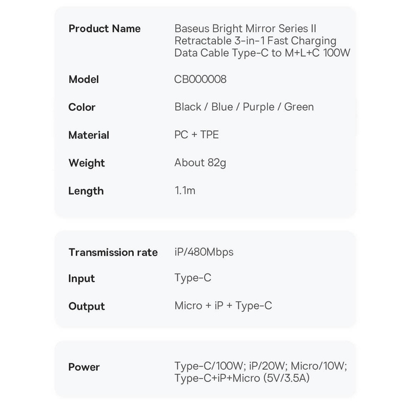 Baseus Bright Mirror 2 retractable cable 3in1 USB Type C - micro USB + Lightning + USB Type C 3.5A 1.1m black (CAMJ010201)